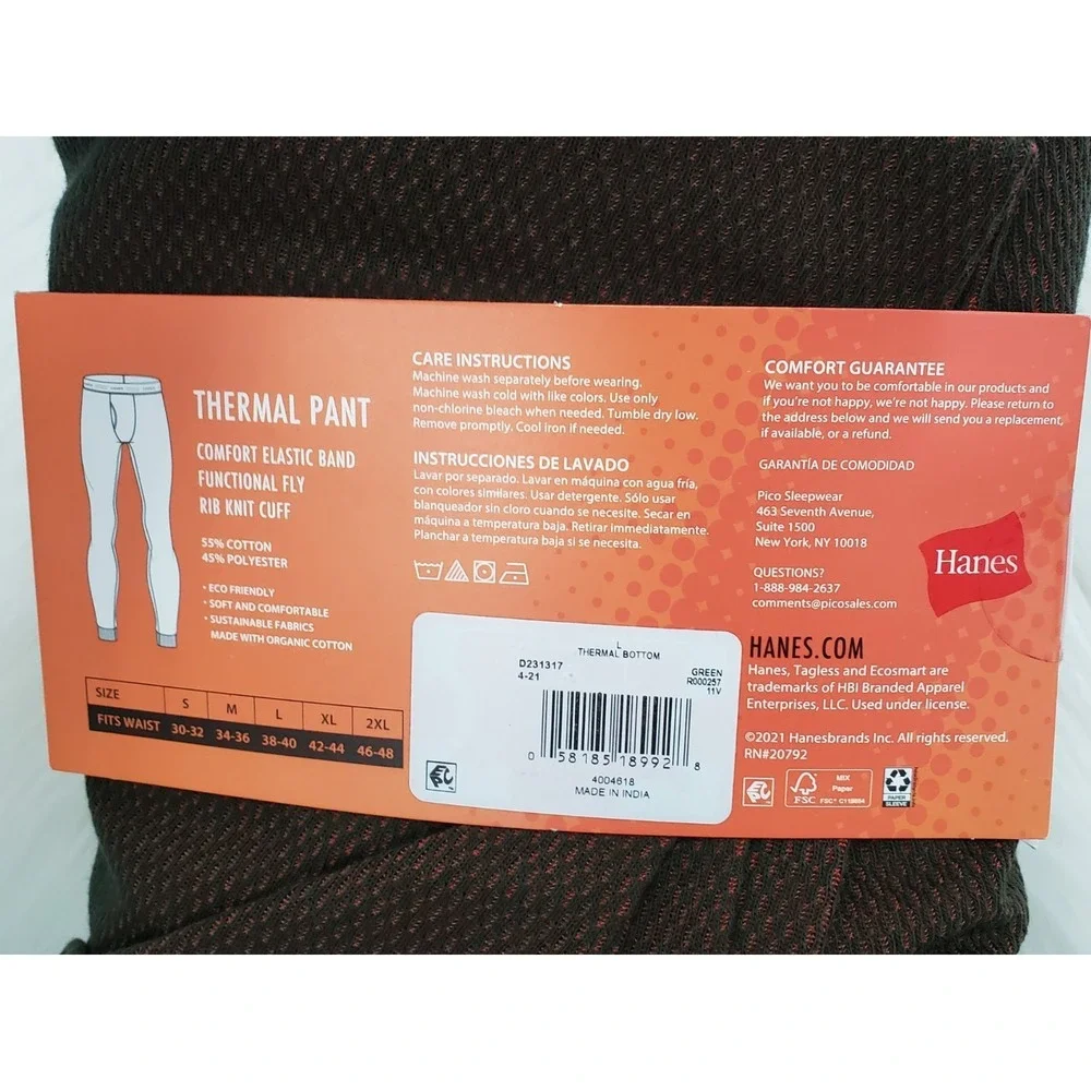 NEW LARGE Hanes Original Men's Tagless Thermal Pant Warmer GREEN